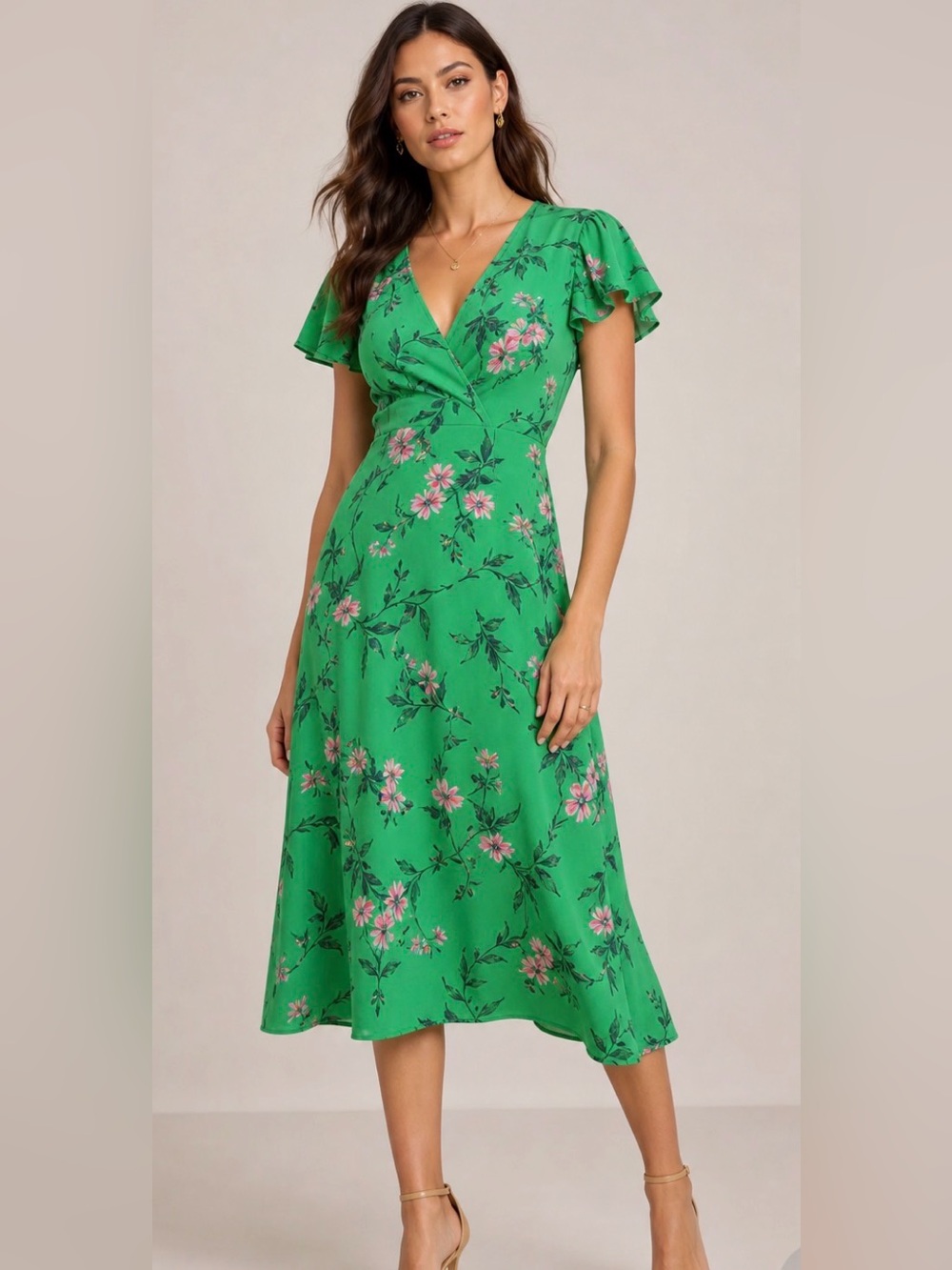 Boutique Green Floral V-Neck Midi Dress medium